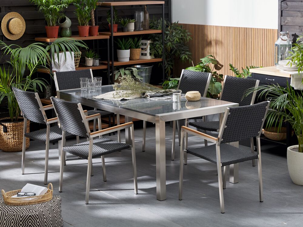6 Seater Garden Dining Set Grey Granite Top with Black Rattan