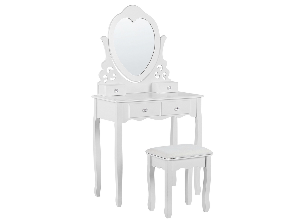 Make-up bord med 4 skuffer med hjerteformet spejl og skammel Hvid - Beliani.dk