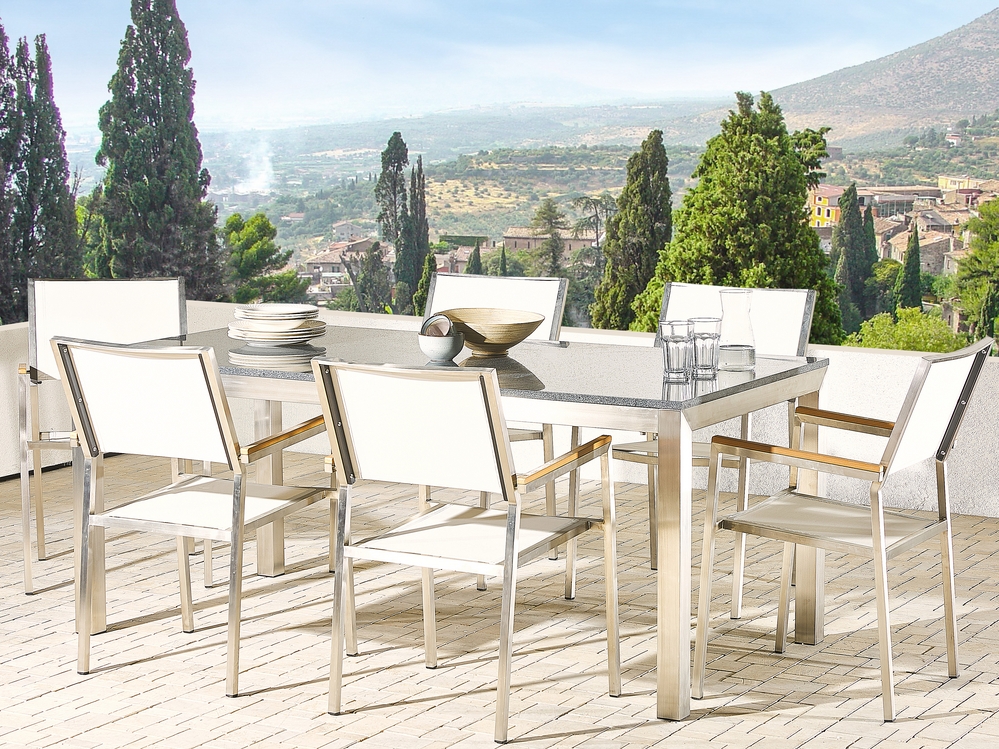 6 Seater Garden Dining Set Grey Granite Top with White Chairs