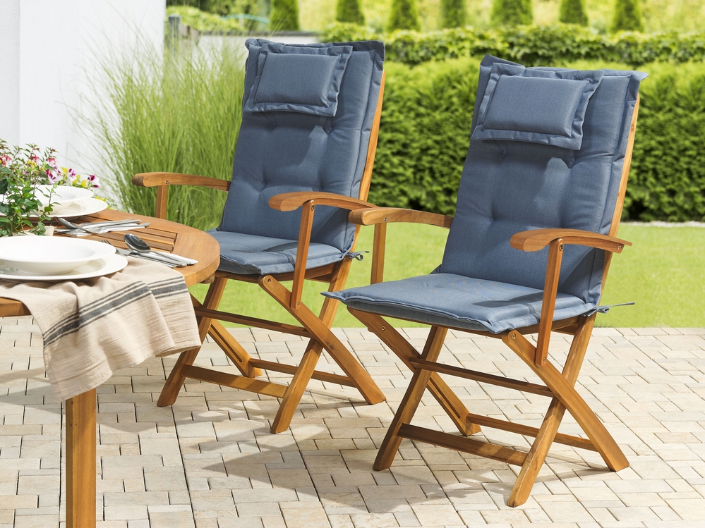 Set of 2 Garden Folding Chairs with Blue Cushions MAUI