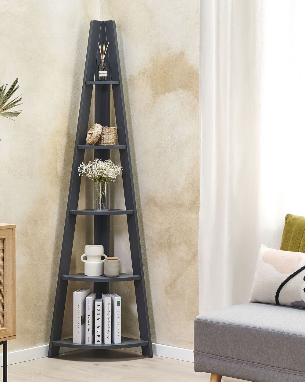 Corner Ladder Shelf Grey Mobile Solo Beliani Dk Again, because you're using shelves rather than a bookcase, you have flexibility to arrange them exactly as you like to work with your specific space. beliani