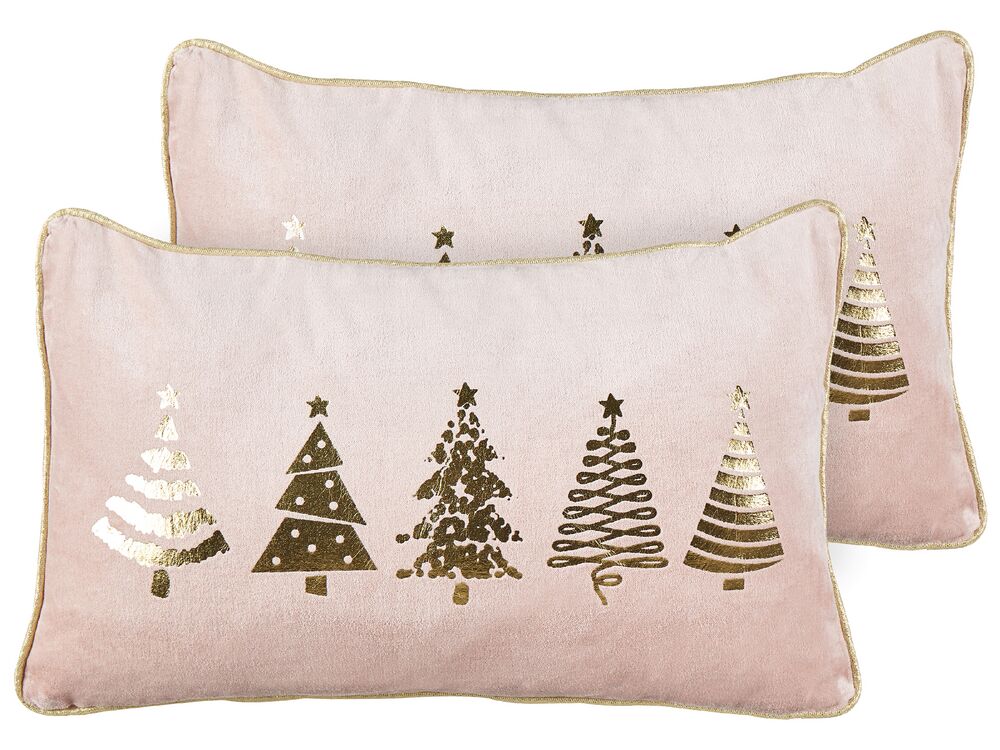 Set of 2 Velvet Cushions Christmas Tree Print 30 x 50 cm Pink