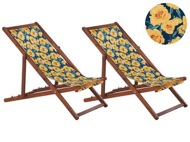 Set of 2 Acacia Folding Deck Chairs and 2 Replacement Fabrics Dark