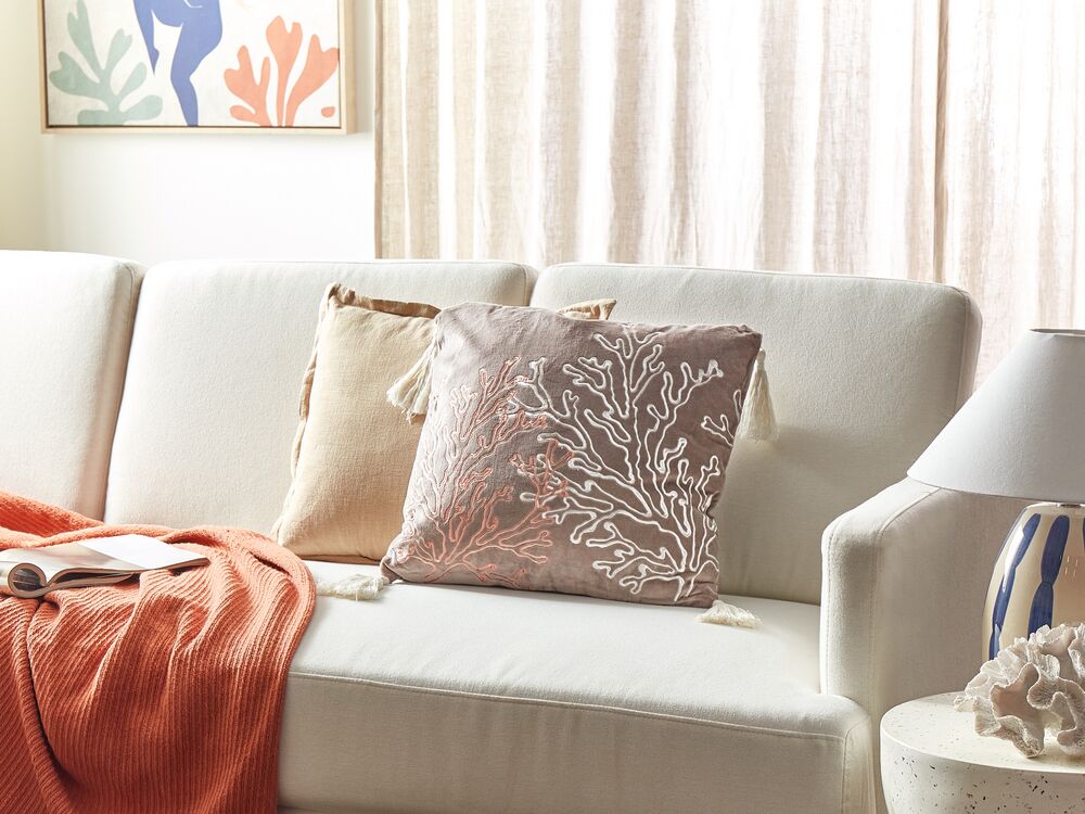 Velvet Cushion Coral Motif 45 x 45 cm Taupe MAZZAELLA Beliani