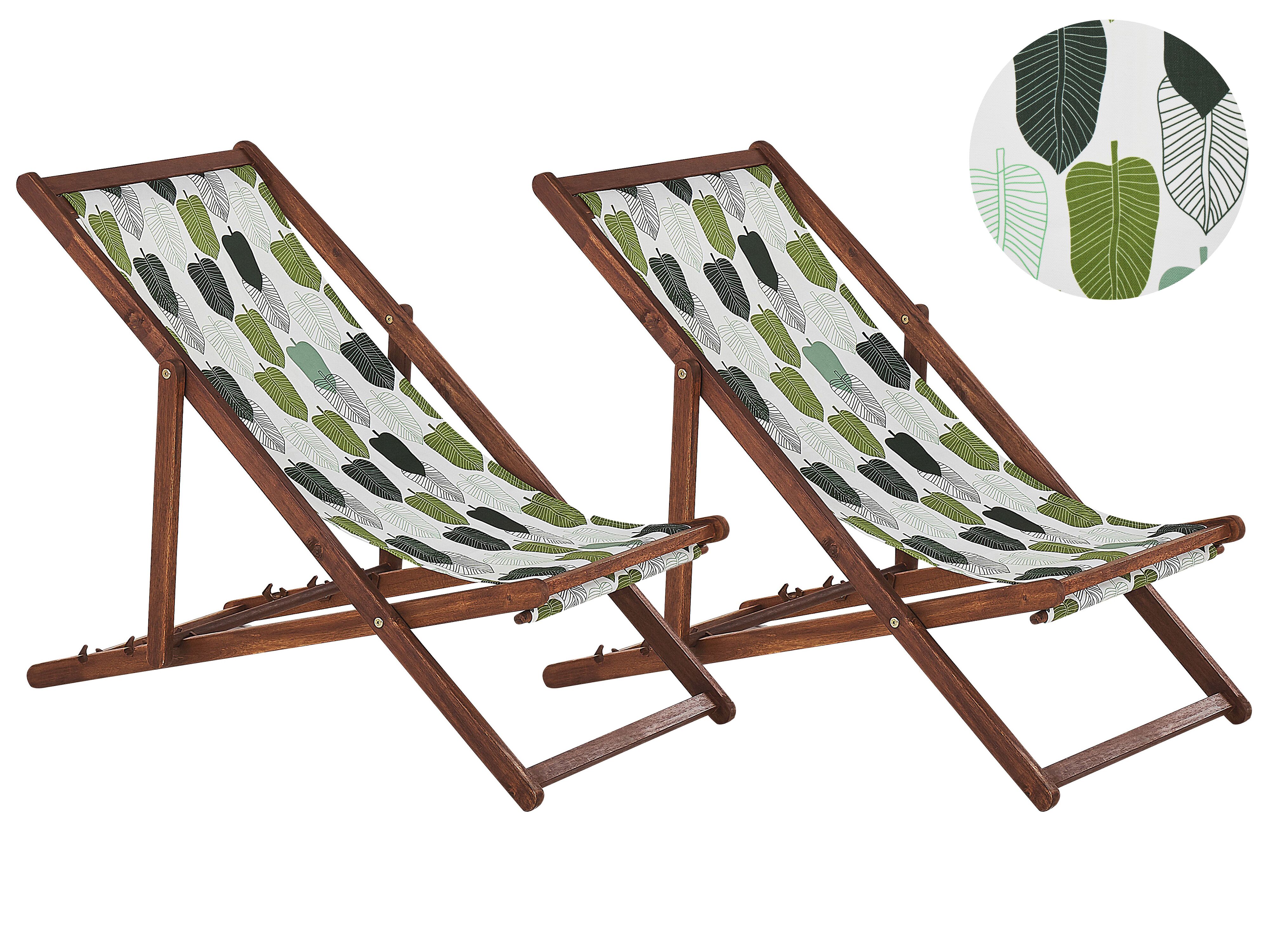 Set of 2 Acacia Folding Deck Chairs and 2 Replacement Fabrics Dark