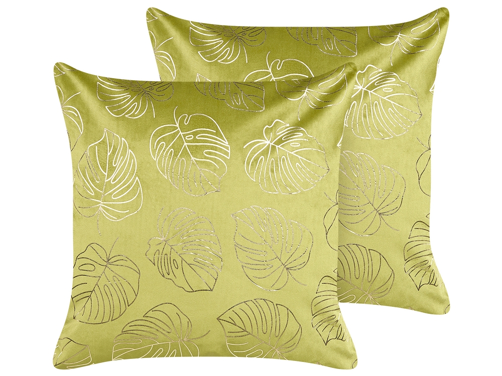 Set of 2 Velvet Cushions Leaf Pattern 45 x 45 cm Light Green