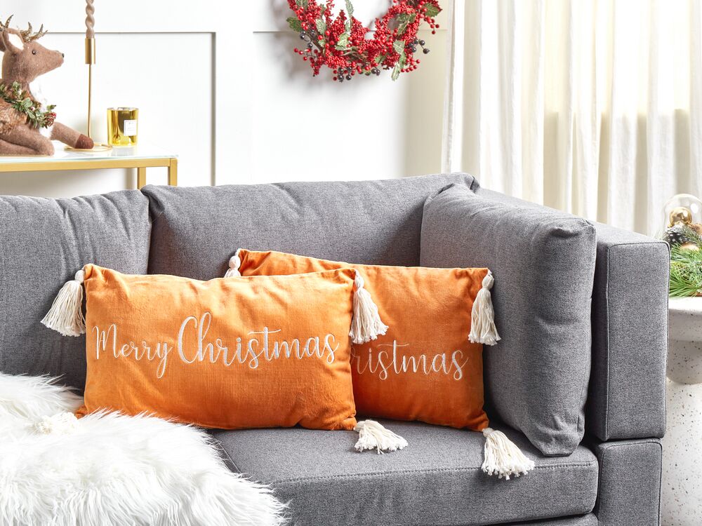 Set of 2 Velvet Cushions Christmas Motif with Tassels 30 x 50 cm