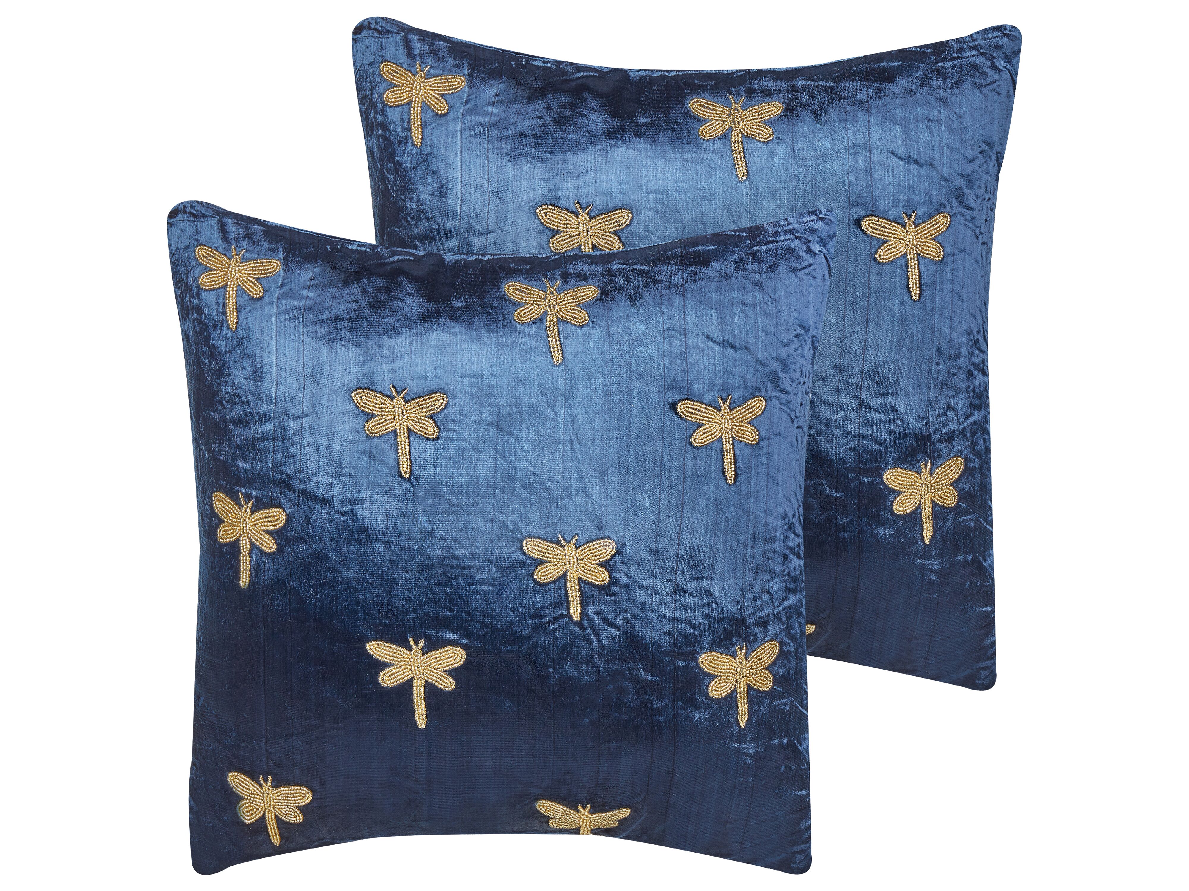 Set of 2 Embroidered Velvet Cushions Dragonfly Motif 45 x 45 cm